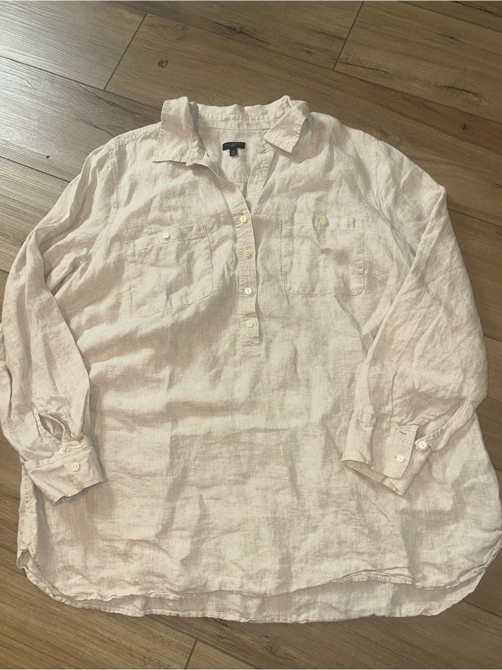 Talbots Linen Popover Shirt Lagen Boho Staple Minimalist Coastal Vacation Beige